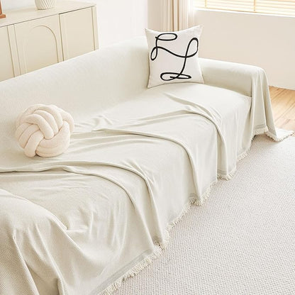 hyha Couch Cover for Dogs, Boho Sofa Covers for 3 Cushion Couch Washable, Chenille Sofa Slipcover for Pets, Soft Loveseat Sectional Couch Throw Blankets with Tassels (Beige, 88.5x150 Inch)
