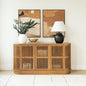 Plank+Beam Contour Wood TV Stand, Three Door Solid Wood Entertainment Console with Storage, 59" L x 16" W x 30" H, Pecan