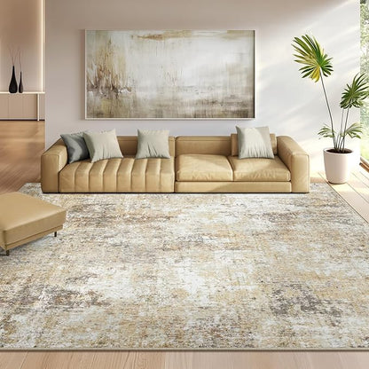 Washable Area Rugs 9'x12' Non-Slip Modern Abstract Soft for Living Room Entryway Bedroom Nursery, Print Pattern, Neutral Brown Gray