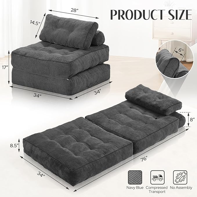 HABUTWAY Folding Sofa Bed, Convertible Sleeper Chair Bed w/Dual-Pillow & Handle, Foldable Floor Sofa Lounge w/Back Support for Living Room, Bedroom, Apartment, Office, Grey