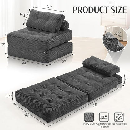 HABUTWAY Folding Sofa Bed, Convertible Sleeper Chair Bed w/Dual-Pillow & Handle, Foldable Floor Sofa Lounge w/Back Support for Living Room, Bedroom, Apartment, Office, Grey