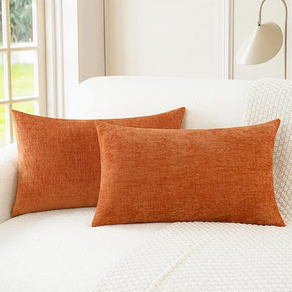 CaliTime Fall Throw Pillow Covers Decorative 16 X 26 Inches Pack of 2 Cozy Chenille Cushion Cases for Couch Sofa Bed Living Room Home Burnt Orange