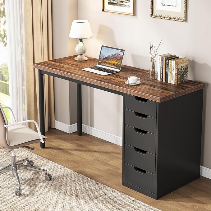 Tribesigns Computer Desk with 5 Drawers, 47 inches Rustic Brown Home Office Desk with Storage, Modern Simple Laptop Desk Study Writing Table for Small Spaces (1, Brown+Black)