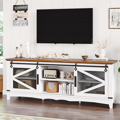 IDEALHOUSE Modern TV Stands for Living Room, 65 Inch TV Stand Entertainment Center with Storage and Sliding Barn Doors, Media TV Console Cabinet with Adjustable Shelf (White)