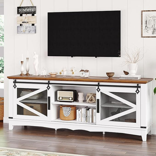 IDEALHOUSE Modern TV Stands for Living Room, 65 Inch TV Stand Entertainment Center with Storage and Sliding Barn Doors, Media TV Console Cabinet with Adjustable Shelf (White)