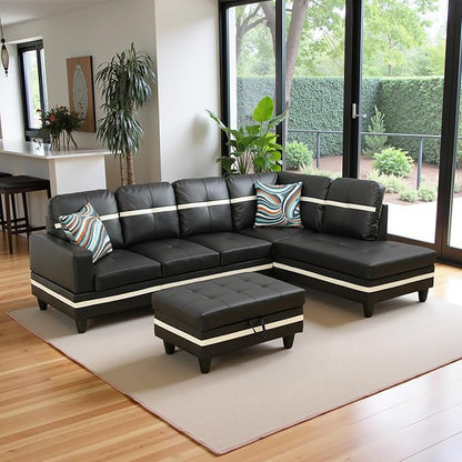 103.5" Oversized Sectional Couch, L Shaped Couch with Storage Ottoman, Modern Modular Sofa with Deep Seat, Sectional Couches for Living Room and Office, Black and White (PU Leather)
