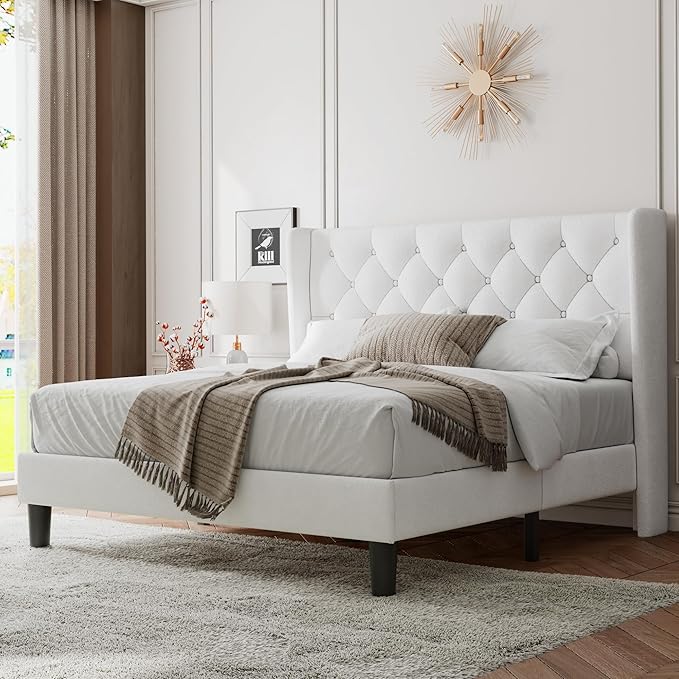 Feonase Full Size Bed Frame with Upholstered Wingback Headboard, Platform Bed and Heavy Duty Wooden Slats Support, Easy Assembly, Noise-Free, No Box Spring Needed, White