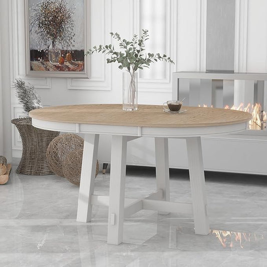Farmhouse Style Expandable Round to Oval Dining Table with 16" Removable Leaf, Solid Wood Extendable Tabletop with Cross Trestle Legs, Space-Saving Kitchen-Tables for Home Apartment Restaurant