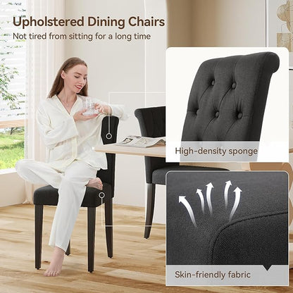 Upholstered Dining Chairs Set of 6, Button Tufted Parsons Dining Chair with Solid Wood Legs, Modern Fabric Side Chair for Dining Room/Kitchen/Restaurant/Hotel- Black