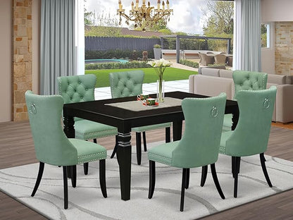 East West Furniture LGDA7-BLK-22 7 Piece Dining Table Set Consists of a Rectangle Kitchen Table with Butterfly Leaf and 6 Polyester Fabric Parson Chairs, 42x84 Inch, Black