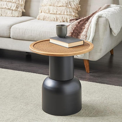 Deco 79 Metal Handmade Side End Accent Table Pedestal End Table with Brown Rattan Tabletop, Side Table 19" x 19" x 20", Black