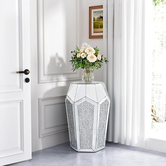 ENENE Mirrored End Table Crystal Diamond Setting Coffee Table Silver Glass Side Table Pedestal Stand for Hallway, Living Room, Corner, Bedroom, Sofa