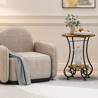 Side Table,Small Round End Table with Lower Shelf for Small Spaces, Portable Couch Sofa Coffee Table,Bedside Nightstand Table with Metal Frame,Retro Accent Drink Table for Living Room Bedroom Balcony