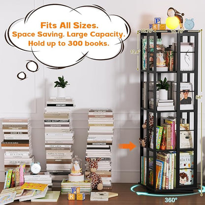 Aheaplus Rotating Bookshelf, 360 Display Wood Spinning Bookshelf, Floor Standing Bookcase Narrow Shelf Revolving Organizer Storage Rack for Small Space, Bedroom, Study Room, Black