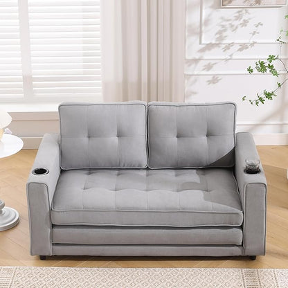 ERYE Modern Upholstered Loveseat Sofa Foldable Convertible Floor Sofabed W/Cupholders and Pockets, 3 Fold Tufted Futon Lounge Sofa with Pull Out Sleeper Couch Bed for Living Room Bedroom Studio