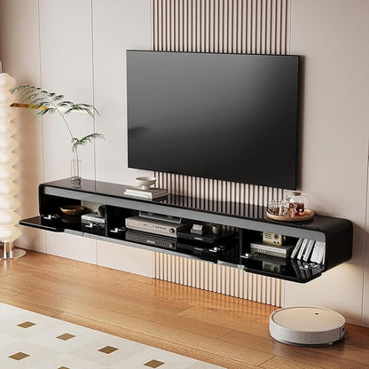 High Gloss Floating TV Stand with 3 Doors,86'' Wall Mounted TV Cabinet,Under TV Console,Floating Media Shelft for Bedroom Living Room(Black)