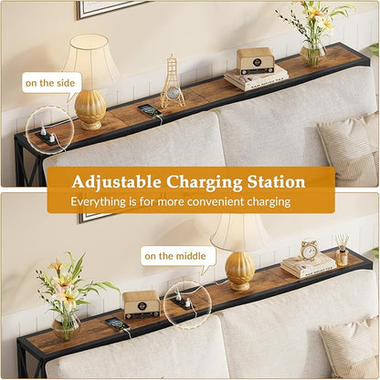 Console Table with Oulets and USB Ports, 55.1" Sofa Table Behind Couch, Industrial Long Skinny Stand for Hallway, Living Room, Bedroom, 6.5 Feet Power Cord, Rustic Brown