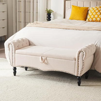 Furniliving Storage Ottoman Bench for Bedroom, Upholstered End of Bed Bench with Solid Wood Legs Modern Shoe Storage Bench Indoor Bench for Living Room Entryway Bench Furniture,Beige, Linen