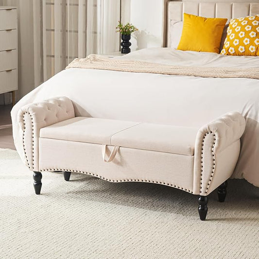 Furniliving Storage Ottoman Bench for Bedroom, Upholstered End of Bed Bench with Solid Wood Legs Modern Shoe Storage Bench Indoor Bench for Living Room Entryway Bench Furniture,Beige, Linen