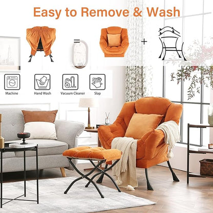 Large Lazy Chair with Ottoman, Accent Reading Chair with a Throw Pillow, Cozy Lounge Chair with Armrest, Leisure Sofa Chair for Living Room, Bedroom, Dorm Room, Velvet Tangerine
