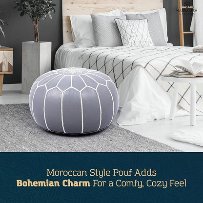 Marrakesh Gallery Genuine Leather Round Pouf Unstuffed - Moroccan Ottoman Footstool, Footrest Cover - Boho Decor - Bohemian Living Room, Bedroom, Kids Room, Gift & Wedding
