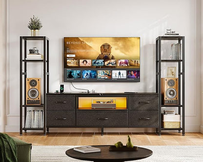 Casaottima 71" TV Stands for 43, 50, 55 Inch TV Entertainment Center with LED Lights and Power Outlets, TV Stand for Living Room with 5 Fabric Drawers & Shelf, TV Console Cabinet for Bedroom, Black