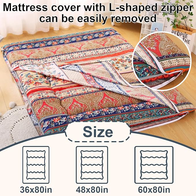Bohemian Retro Japanese Floor Mattress, Vintage Floral Tatami Floor Mat, Portable Roll up Futon Mattress for Guest,Tavel (A,Full 80" X 47")