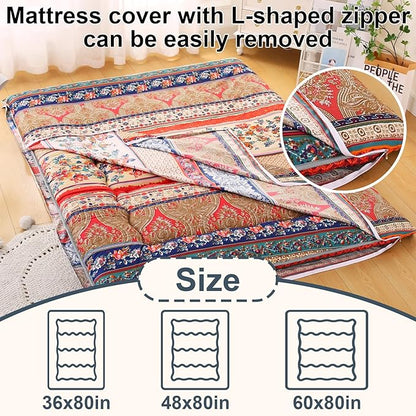 Bohemian Retro Japanese Floor Mattress, Vintage Floral Tatami Floor Mat, Portable Roll up Futon Mattress for Guest,Tavel (A,Twin 80" x 36")