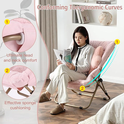 Welnow Comfy Saucer Chair, Oversized Folding Reading Chair for Adults with Throw Pillow Soft Faux Fur Lounge Chair for Bedroom Furry Accent Chair for Living Room, Dorm Rooms, Pink