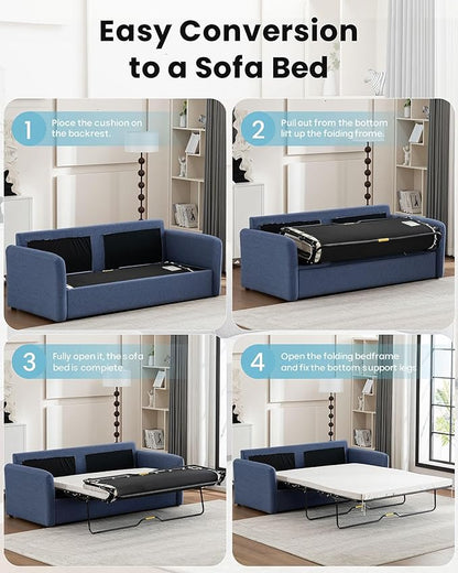 Queen Pull Out Sofa Bed, 2-in-1 Convertible Sleeper Sofa Couch with Memory Foam Mattress – Space-Saving Sofa Bed Queen for Living Room & Guest Room, Navy Blue