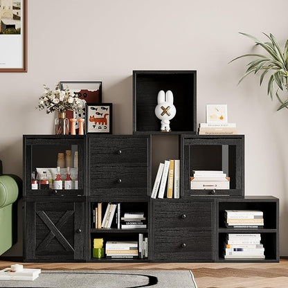 FUSUNBAO Magic DIY Cube Storage Organizer Stackable Cubes for Home Books Clothes Toy-Modular Cubby Storage System-Office Cubical-Bookcase Closet (Black, Drawer Cube)