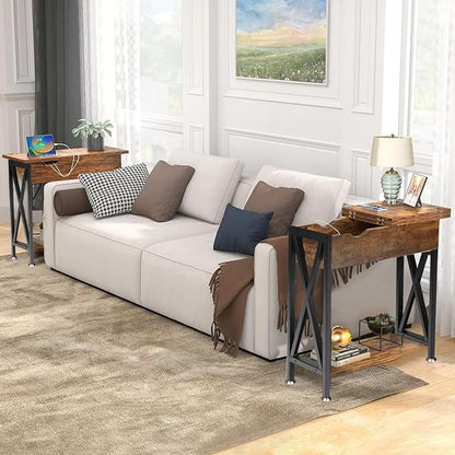 TooCust End Tables Living Room Set of 2, Narrow Side Table with Charging Station, 11.2"D x 24"W x 24"H, Flip Top End Table with USB Ports and Outlets, Couch End Tables Set of 2, Steel X-Shaped Frame