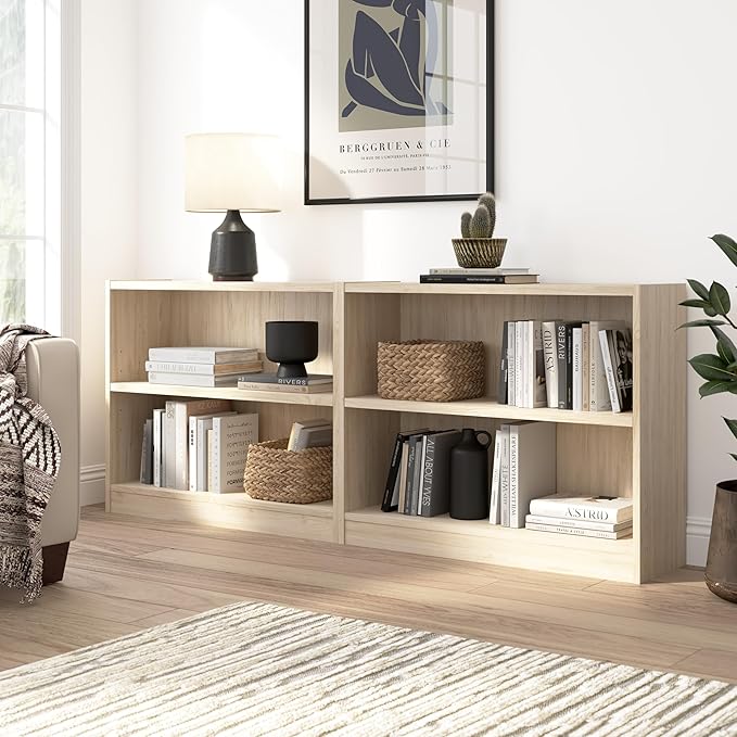 Bush Furniture Universal Small 2 Shelf Bookcase in Natural Elm, Low Storage and Display Bookshelf for Home Office or Living Room Organization