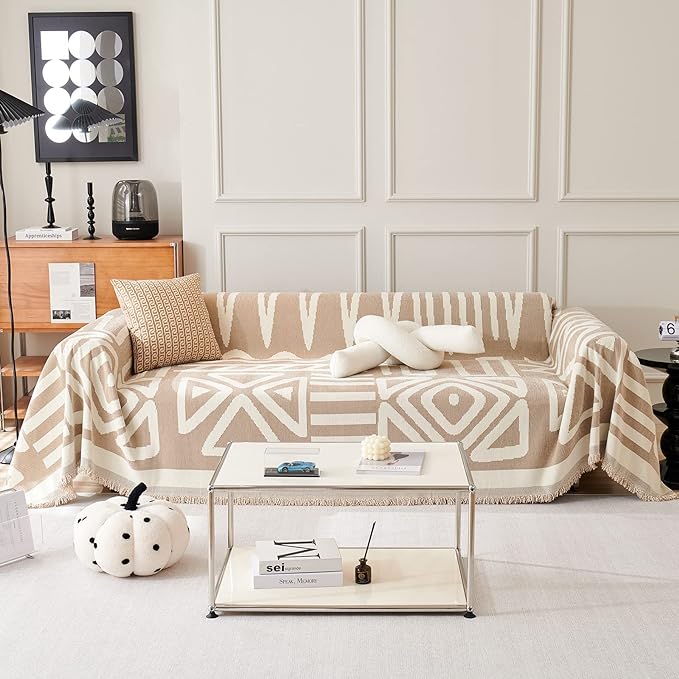 STACYPIK Boho Couch Cover, Khaki Sofa Cover for Dogs, Tassels Loveseat Cover for Sectional, L-Shape Protector for 3 Cushion Couch, Washable Chenille Slipcover, Multi-Use Decorative Blanket-71X134IN