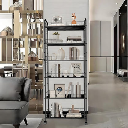 6 Tier 10in Slim Rolling Storage Cart with Handle, Mobile Shelving Unit with Wheels, Metal Wire Storage Rack with Baskets for Kitchen Bathroom Office Laundry Narrow Piaces