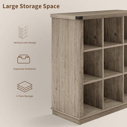 GarveeHome 9 Cube Storage Organizer Bookshelf, 4 Tier Farmhouse Horizontal Bookcase, 37.4 Inch Wood Storage Bookcase for Entryway, Long Low Bookshelves for Living Room-Grey