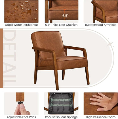 Yaheetech PU Leather Accent Chair, Mid-Century Modern Barrel Chair with Wooden Frame and Soft Thick Padded for Living Room Bedroom Home Office, 2 PCS, Light Brown