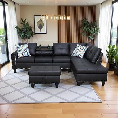 97.5" Oversized Sectional Couch, L Shaped Couch with Storage Ottoman, Modern Modular Sofa with Deep Seat, Sectional Couches for Living Room and Office, Black (Faux Leather)