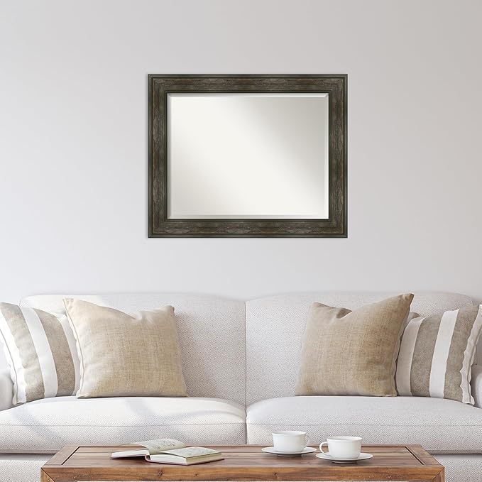 Amanti Art Brown Wall Mirror 28x34 Rail Rustic Char Rectangle Bathroom Mirror for Wall Decor Living Room, Large Rustic Farmhouse Frame, Hangs Horizonally and Vertically, Bathroom Decor, Beveled Edge