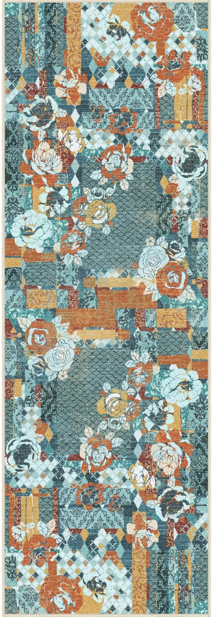 GENIMO Floral Runner Rug 2X6, Machine Washable Non Slip Vintage Patchwork Hallway Runner, Ultra-Thin Low Pile Runners for Indoor Entryway, Hallway, Kitchen and Corridor, Navy Blue