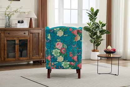 Ball & Cast Modern Accent Chair,Comfy Upholstered Armchair with Retro Wood Legs,Floral Design Single Sofa Chair,Living Room Furniture for Apartment,Bedroom,Office,Linen Fabric,Floral Cyan