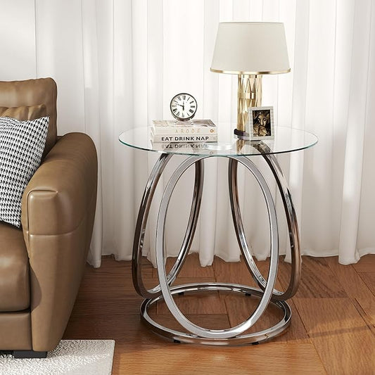 O&K FURNITURE Silver End Table for Living Room, Glass Side Table for Bedroom, Modern Round Glass Nightstand with Metal Frames for Home Office, Chrome Finish, 1 PC