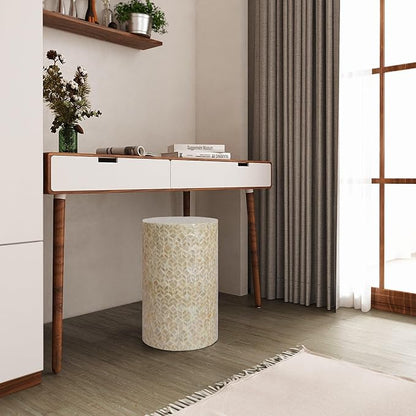 PEMAR Capiz Shell Cylinder Drum End Table Nacre Side Table Stool Round Drum Accent Coffee Bedside Nightstand and Vanity Stool (White Cream)