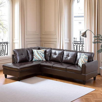 L Shaped Couch Sectional Couches with Chaise, 3 Pieces Modular Convertible Sofa for Living Room Furniture Sets and Small Apartment Faux Leathert, Brown