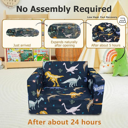 Kids Couch, 2-in-1 Kids Fold Out Couch, Convertible Kid Sofa to Lounger for Girls and Boys, Soft Toddler Chairs Comfy 1-3 Years Old (Dinosaur)