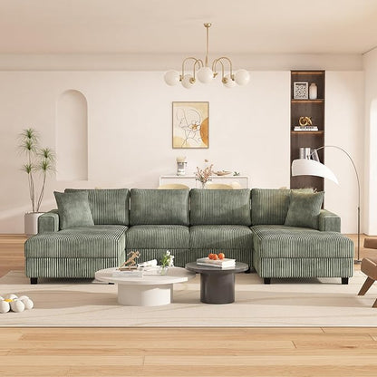 Oversized Symmetrical U Shaped Modular Sectional Sofa with Double Chaise Lounge , Reversible Corduroy Upholstered Sofa Extra Wide Deep Seat Sleeper Sofas Couches w/ 2 Pillows for Living Room Apartment