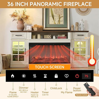ROCKPOINT 3 Sided Glass 70" Fireplace TV Stand for TVs up to 80", Entertainment Center with Drawers and Glass Door Storage Cabinet for Living Room,36" Electric Fireplace & Adjustable LED Light,White