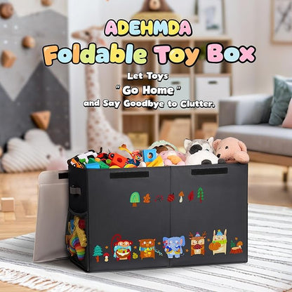 80L Large Toy Storage Box with Lid, Large Toy Box Chest for Kids, Girls and Boys, Nursery Room and Living Room, 26"x13" x16" (black-animal)