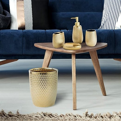 Modern Golden Small Trash Can Wastebasket, Garbage Container Bin for Bathrooms, Powder Rooms, Kitchens, Home Offices - Durable Ceramics - Round
