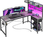 PRAISUN L Shaped Gaming Desk with Shelves, Corner Computer Table with LED Lights, Power Outlets and USB-C Ports, 50 Inch Reversible Home Office Desk with Storage Drawer, for Work and Study, Grey